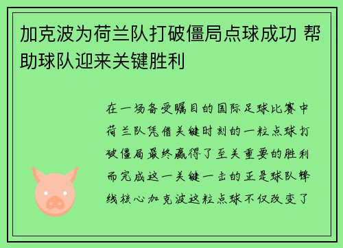 加克波为荷兰队打破僵局点球成功 帮助球队迎来关键胜利 加克波为荷兰队打破僵局点球成功 帮助球队迎来关键胜利